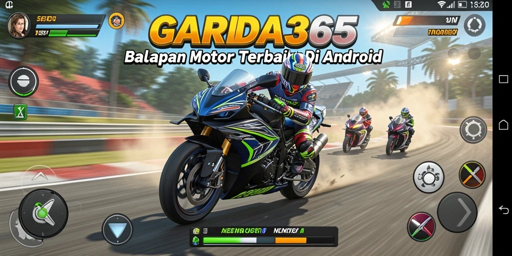 Tangkapan layar utama GARUDA365 dengan aksi balapan motor yang mendebarkan.
