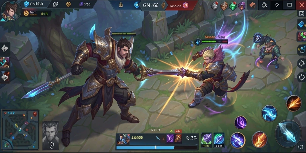 Tampilan gameplay GN168 dengan aksi pertempuran tim yang intens.