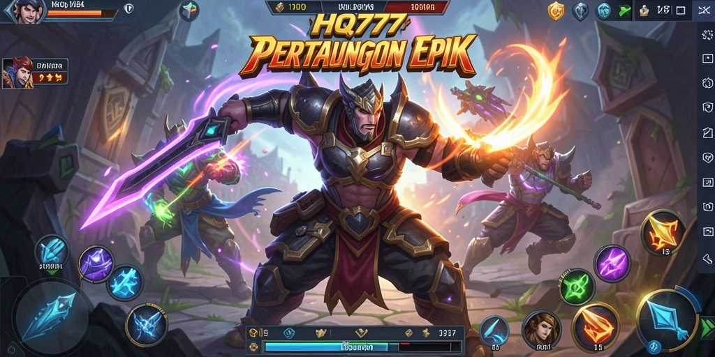 Tampilan screenshot utama HQ777 menunjukkan pertarungan epik di arena MOBA.