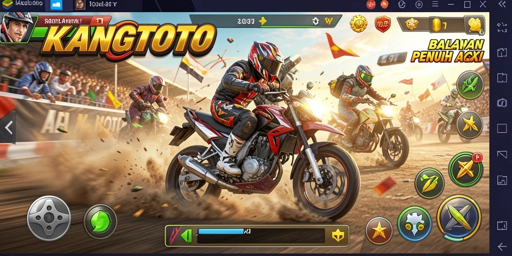 Screenshot gameplay KANGTOTO yang menampilkan aksi balapan motor yang seru.