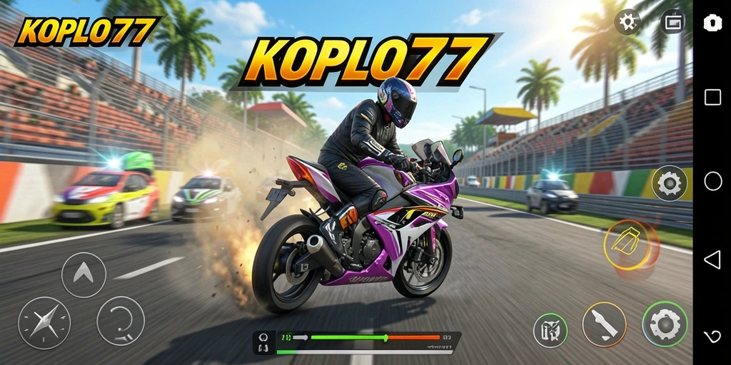Tampilan gameplay menegangkan di <strong>KOPLO77</strong> saat balapan motor balap.