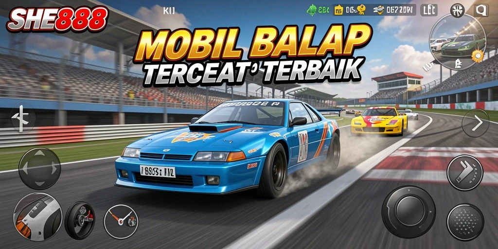 Screenshot utama menunjukkan mobil balap dalam aksi di lintasan menantang.
